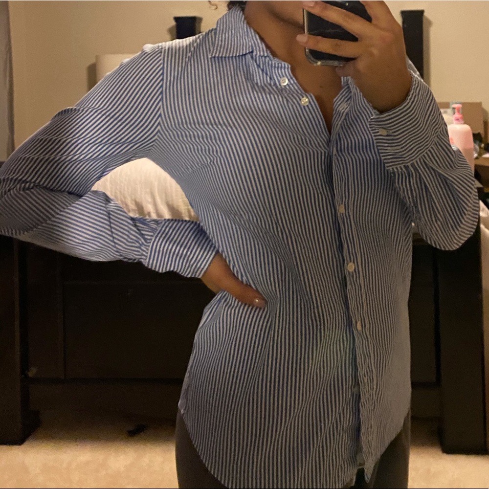Blue and white striped button down